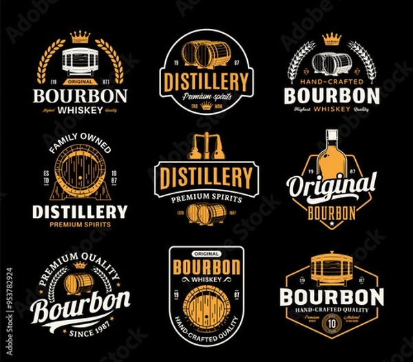 Fototapeta Vector white and yellow vintage bourbon whiskey logo isolated on a black background for distillery, bar, pub branding, design and identity