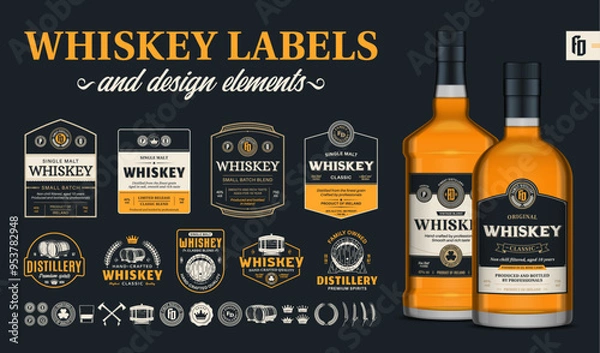 Fototapeta Vector premium quality whiskey labels on a dark background. Realistic whiskey glass bottle mockups. Distillery branding and identity design elements