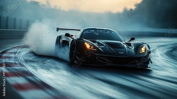 Fototapeta A black sports car drifting around a sharp curve on a race track, smoke billowing from its tires and blurred motion in the background