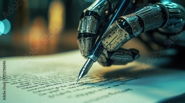 Fototapeta ChatGPT bot writing on paper with a pen, symbolizing AI's ability to generate text. Ideal for tech themes. Copy text space provided.