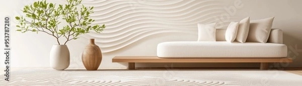 Fototapeta A modern living space featuring a minimalistic couch, decorative vases, and natural greenery against a textured wall.