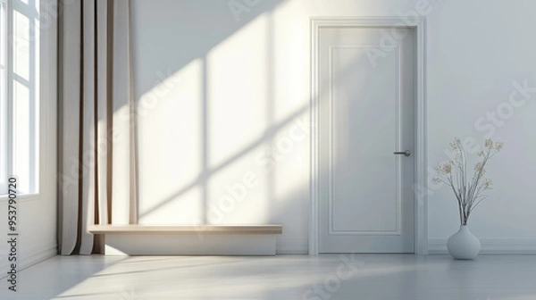 Fototapeta A white room with a large window and a potted tree