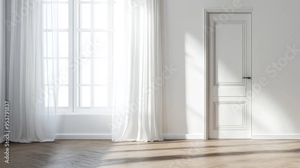 Fototapeta A white door with a window in front of it