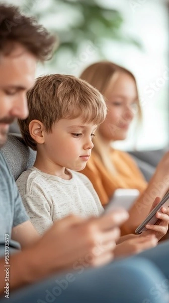 Fototapeta Family sitting on a couch, all using different devices but staying connected