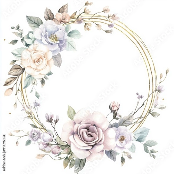 Fototapeta Elegant floral wreath with soft pastel flowers and leaves on a white background, perfect for invitations and decorations.
