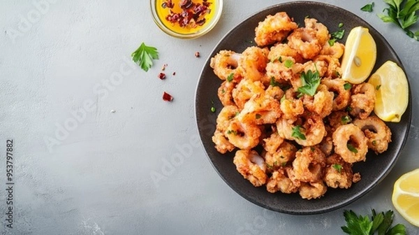 Fototapeta A high-quality stock image of a plate of crispy calamari served with lemon wedges on the right side, leaving space on the left for text. Perfect for seafood menus and appetizer promotions.