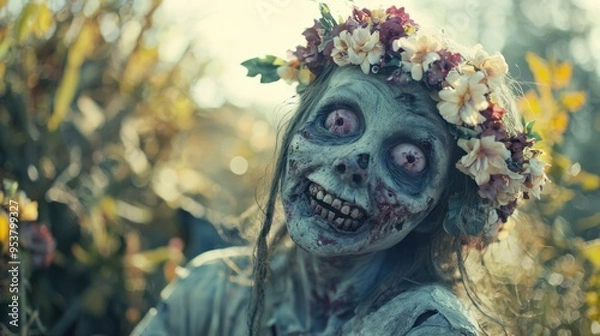 Obraz A cute zombie with a flower crown, smiling innocently despite its undead nature.
