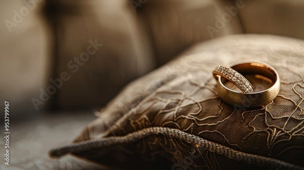 Fototapeta A high-quality stock image of a pair of wedding rings on a decorative pillow on the right side, leaving space on the left for text. Ideal for wedding announcements, engagement promotions.