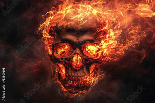 Fototapeta Fire skull reborn in the dark