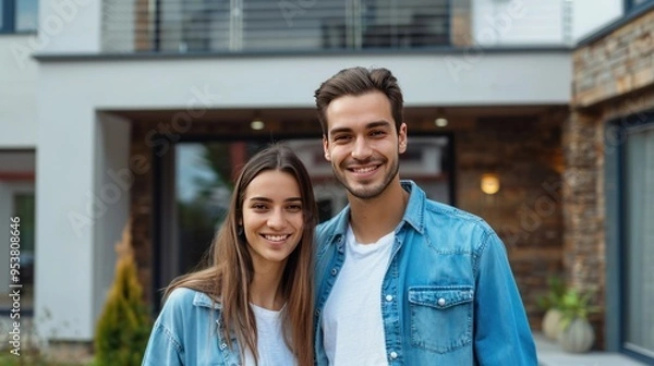Fototapeta Happy couple standing in front of their new home. Young family buying new house, lifestyle. Rent or own real estate.