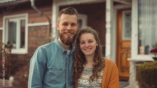 Obraz Happy couple standing in front of their new home. Young family buying new house, lifestyle. Rent or own real estate.
