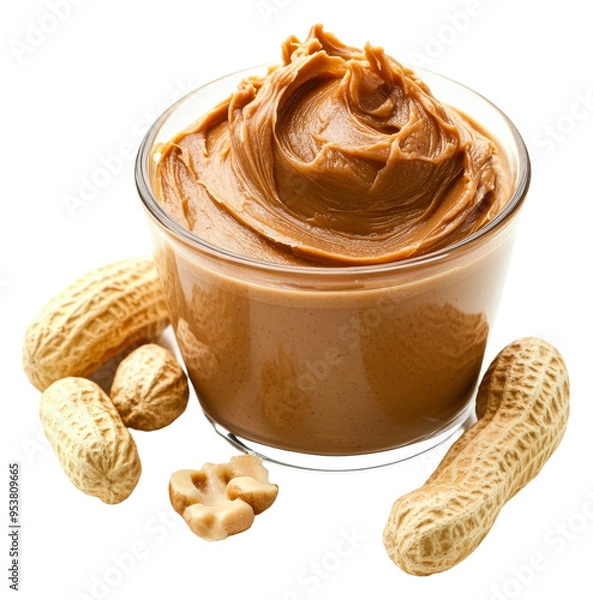 Fototapeta Creamy peanut butter in a glass bowl with peanuts isolated on transparent background