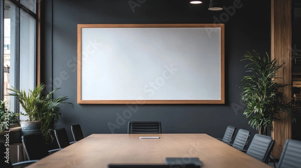 Fototapeta A white framed picture hangs on a wall in a room with a laptop