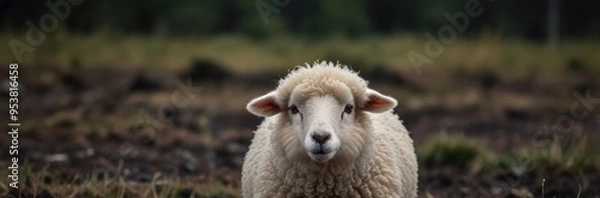 Fototapeta A curious sheep stands in a grassy field under soft morning light in a serene countryside setting