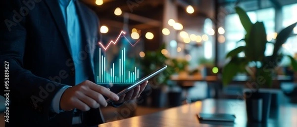 Obraz Businessman analyzing data on tablet with digital graph, showcasing financial trends and insights in a modern workspace.