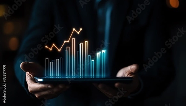 Obraz Business professional holding a tablet displaying digital graphs, symbolizing growth and data analysis in a modern environment.