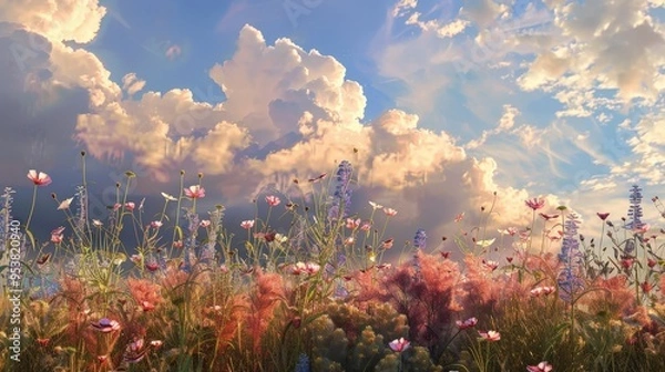 Fototapeta peaceful field of wild flowers swaying gently in the breeze, with a focus on their diverse colors and textures against a serene, cloudy sky