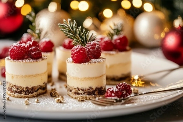 Fototapeta Elegant gourmet appetizers and festive desserts adorned with fresh raspberries, sparkling lights, and holiday decorations for a joyful celebration