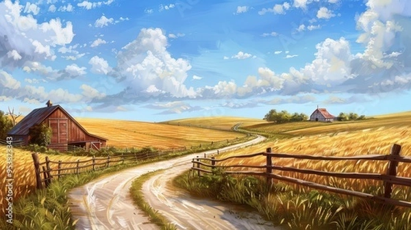 Fototapeta scenic farm road meandering through rolling fields of golden wheat, flanked by picturesque barns and rustic fences.
