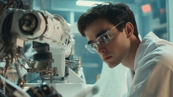Fototapeta A Young Man in a Lab Coat Focuses on a Complex Industrial Machine