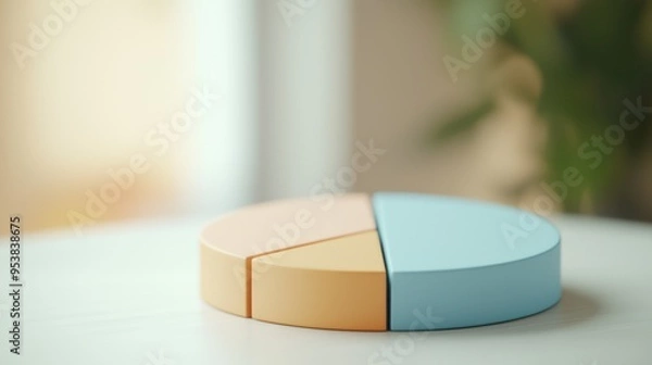 Fototapeta Close-up of a colorful three-piece pie chart representing data, isolated on a light background. Perfect for business and statistical presentations.