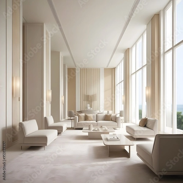 Fototapeta Interior design. Luxurious minimalist interior with soft colors. Best super ultra wide for wallpaper.
