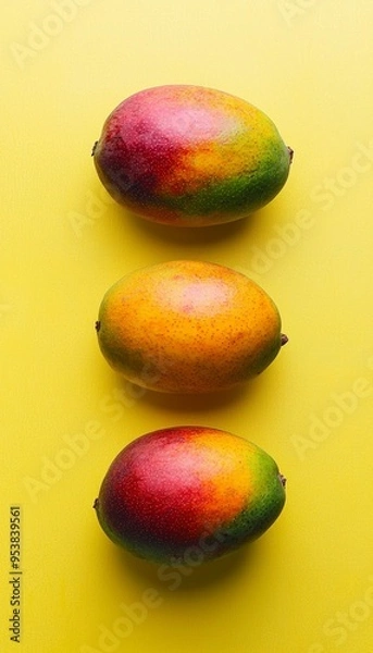 Fototapeta Three mango, tropical vibes, minimalistic design, simple composition, yellow. Magazine cover. Generative AI.