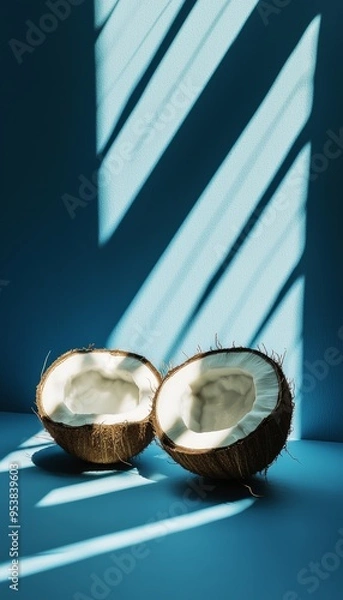 Fototapeta Two of coconut , tropical vibes, minimalistic design, simple composition, blue. Magazine cover. Generative AI.