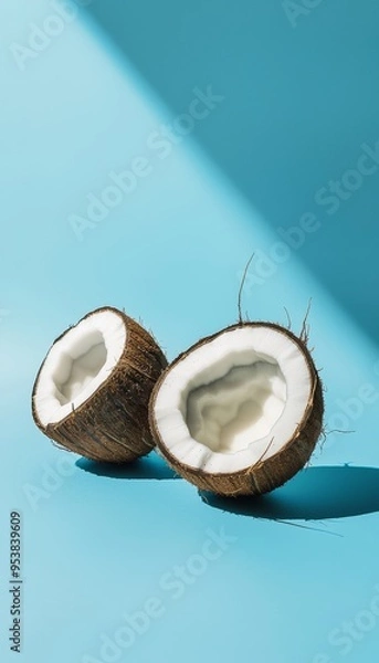 Fototapeta Coconut , tropical vibes, minimalistic design, simple composition, blue background. Generative AI
