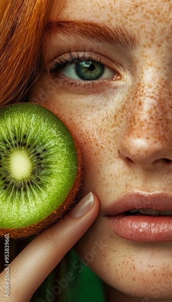 Fototapeta Close-up of a girl's face with red freckles and gray-blue eyes, with kiwi, tropical vibes, minimalistic design, simple composition, green. Generative AI