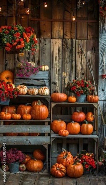 Fototapeta Farmer's market display of autumn produce, pumpkins, gourds, and apples in rustic crates, magazine cover, banner. Generative AI