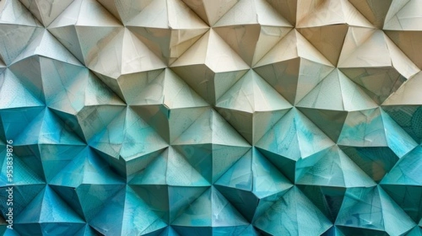 Fototapeta Geometric origami patterns with paper texture blue, abstract banner, 3D. Generative AI