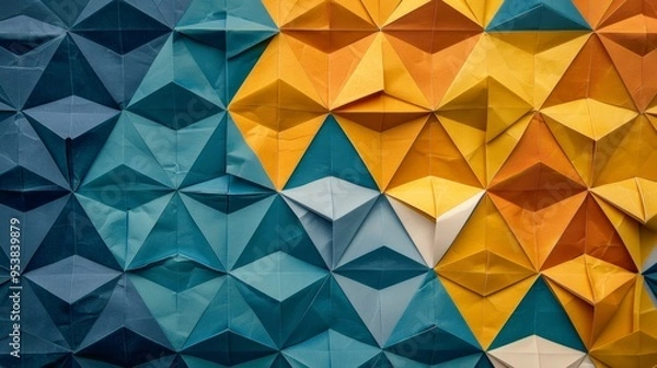 Fototapeta Geometric origami patterns with paper texture blue and yellow, abstract banner. Generative AI