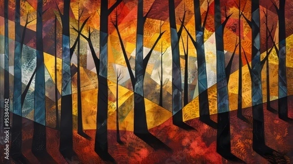 Fototapeta Geometric representation of fall, angular shapes in autumn colors. Generative AI