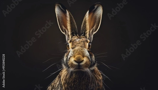 Fototapeta Hare portrait looking straight close-up on black background, banner, wildlife, brown rabbit, free space for text. Generative AI