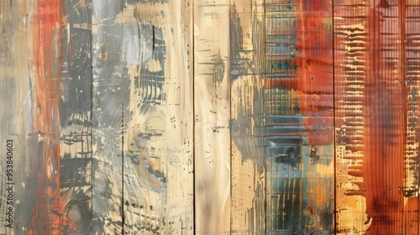 Fototapeta Rustic wood grain with abstract paint strokes, banner. Generative AI