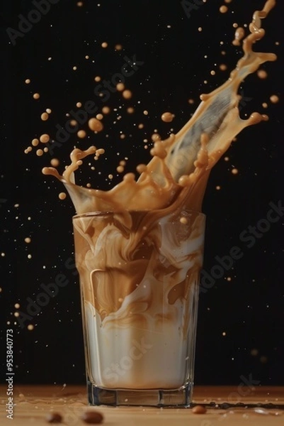 Fototapeta Slow-motion capture of coffee pouring into a glass of milk. Generative AI