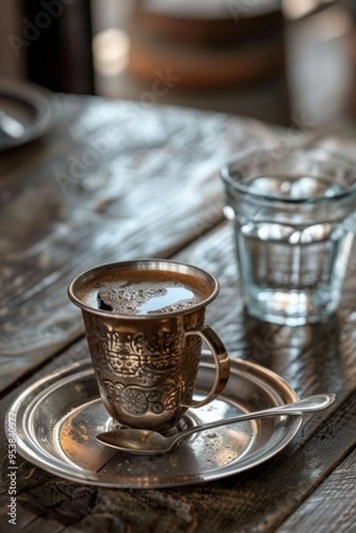 Fototapeta Turkish сoffee served with lokum and a glass of water. Generative AI