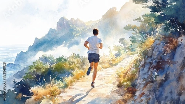 Obraz Serene Morning Jog: Asian Man Running on Mountain Path in Watercolor Style, Promoting Self-Care and Health
