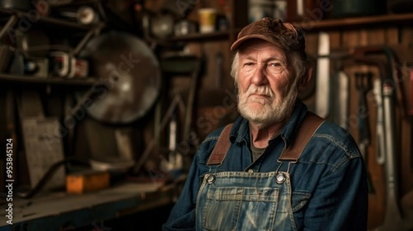 Obraz A blue-collar worker reflects on his craft in a workshop filled with tools and equipment