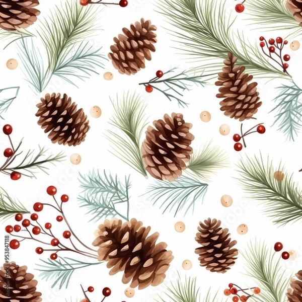 Fototapeta Seamless pattern featuring pinecones, evergreen branches, and berries on a light background.