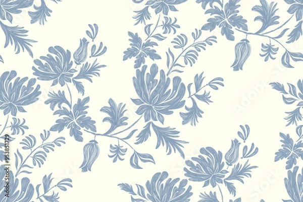 Fototapeta Vintage floral ethnic tapestry modern embroidery texture boho design vector illustration hand drawn silhouette indigo blue flower motif branches leaves wallpaper seamless background border.