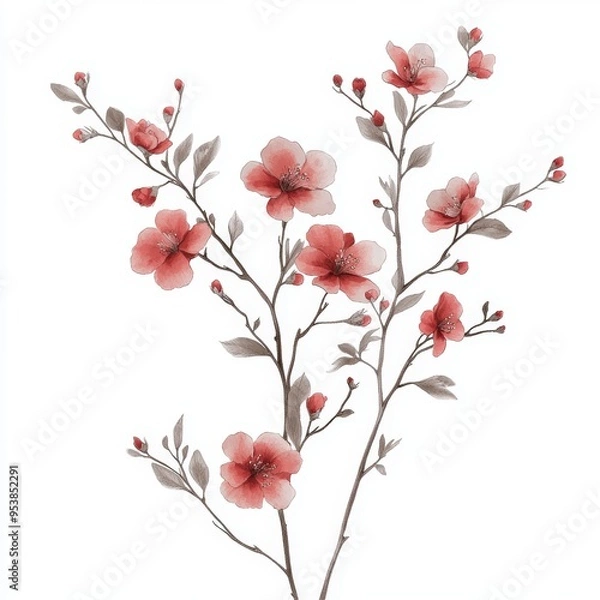 Fototapeta Soft Red Flowers on White Background, Vintage Floral Arrangement Generative AI