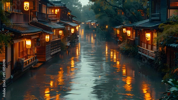 Fototapeta Water Reflections in a Canal at Night with Lanterns, a Realistic Image