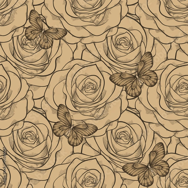 Fototapeta Beautiful seamless background with butterflies and roses vintage color. Hand-drawn contour lines and strokes.