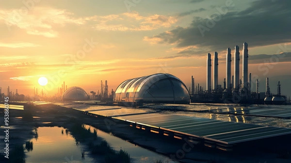 Obraz Solar energy farm near a hydrogen factory