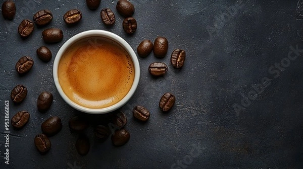 Fototapeta Overhead View of Freshly Brewed Espresso with Roasted Coffee Beans on Textured Surface