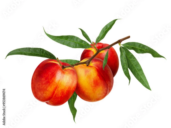 Obraz Three ripe red peaches or nectarines hanging on branch with green leaves isolated on white background