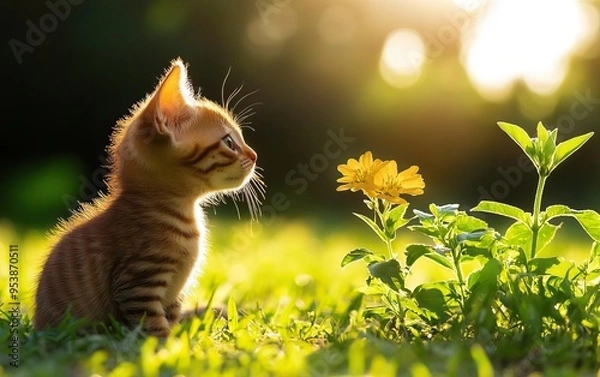 Fototapeta A curious kitten gazes at a vibrant flower in a sunlit garden, embodying the beauty of nature and innocence.