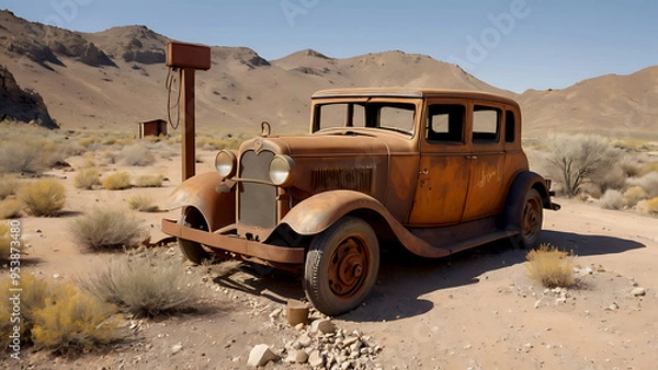 Fototapeta Abandoned car vintage rusted car abandoned in a rural, close-up capture of  rustic old car ruins in the country